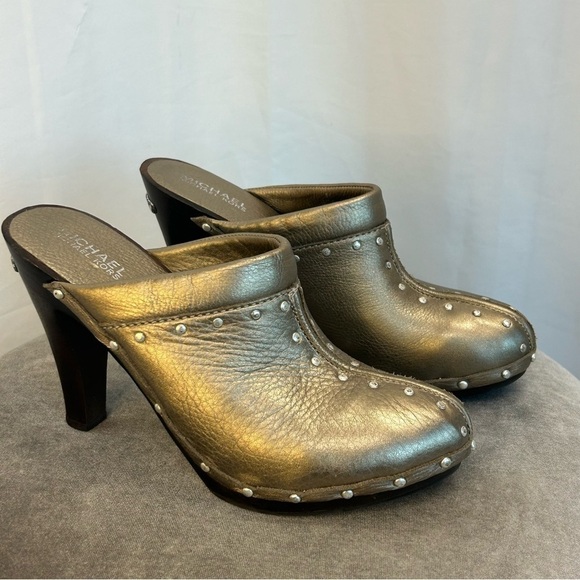 MICHEAL Michael Kors gold bronze metallic studded clog mules wooden heel Sz 8 - Picture 1 of 8